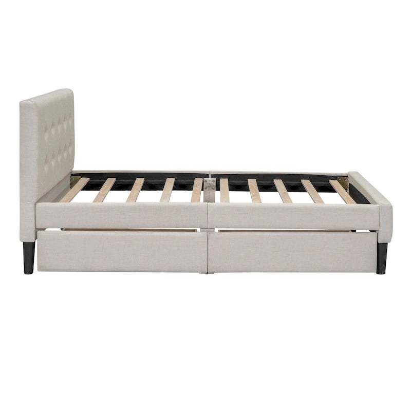 Lit plateforme rembourré double avec 2 tiroirs de rangement et tête de lit capitonnée