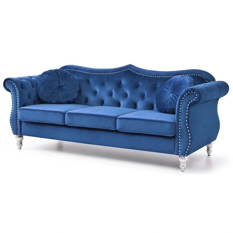 Canapé Chesterfield 3 places en velours avec coussins – Bleu