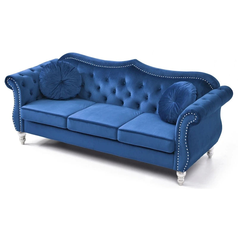 Canapé Chesterfield 3 places en velours avec coussins – Bleu