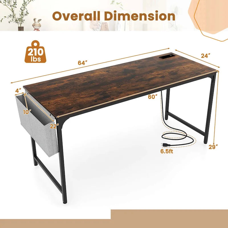 Bureau de télétravail de 152 cm avec station de recharge intégrée et rangements