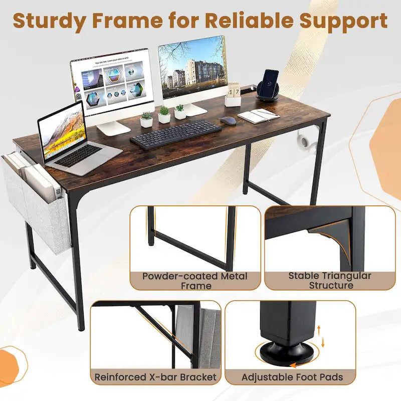 Bureau de télétravail de 152 cm avec station de recharge intégrée et rangements