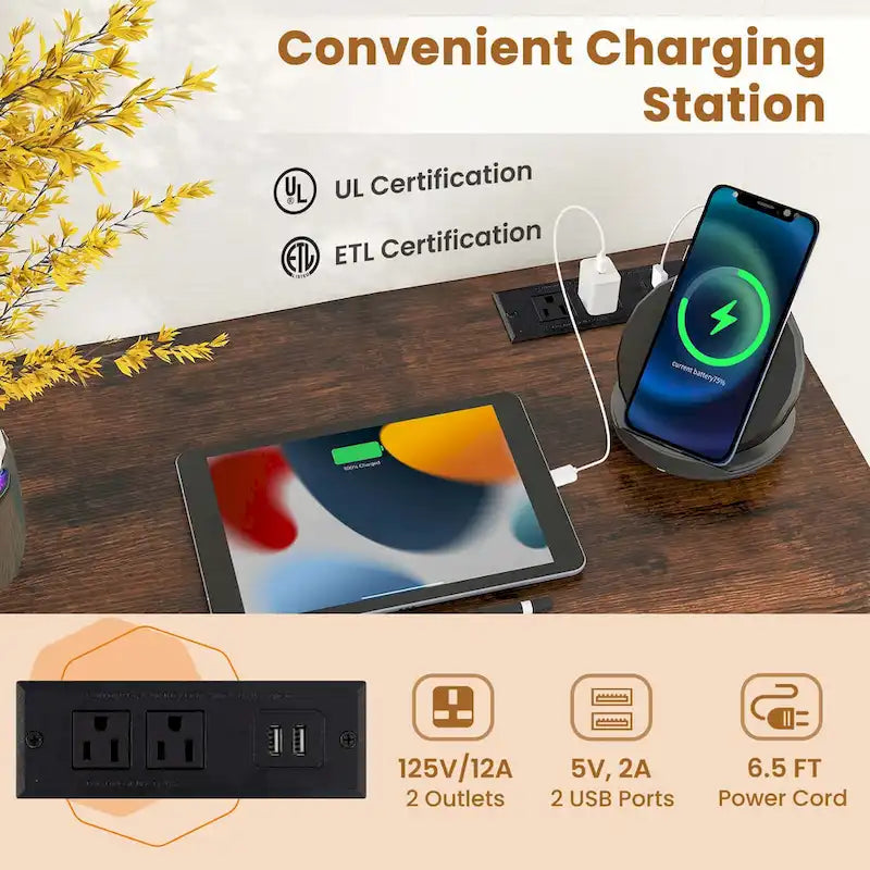 Bureau de télétravail de 152 cm avec station de recharge intégrée et rangements