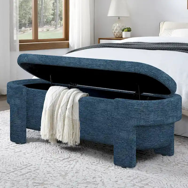 Banc de rangement capitonné en tissu de lin et coussin en mousse