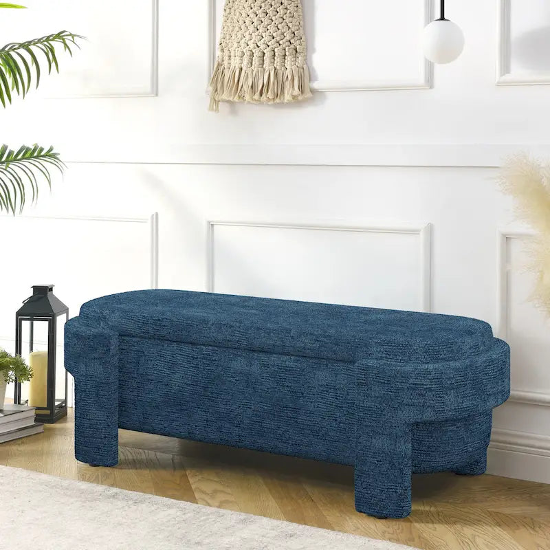 Banc de rangement capitonné en tissu de lin et coussin en mousse