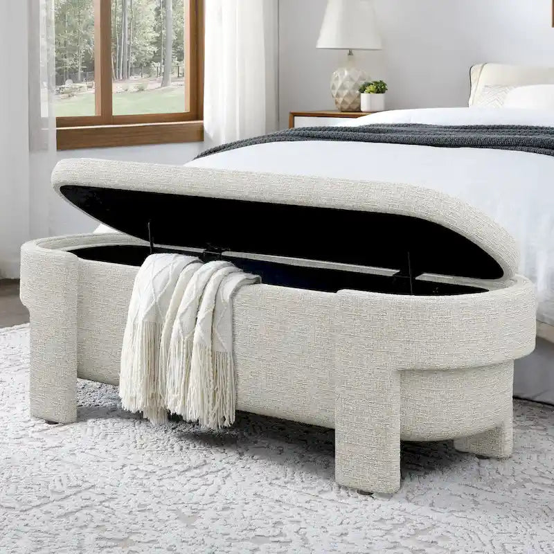 Banc de rangement capitonné en tissu de lin et coussin en mousse