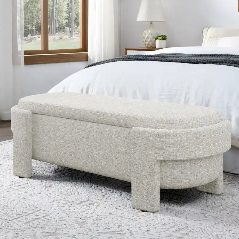 Banc de rangement capitonné en tissu de lin et coussin en mousse