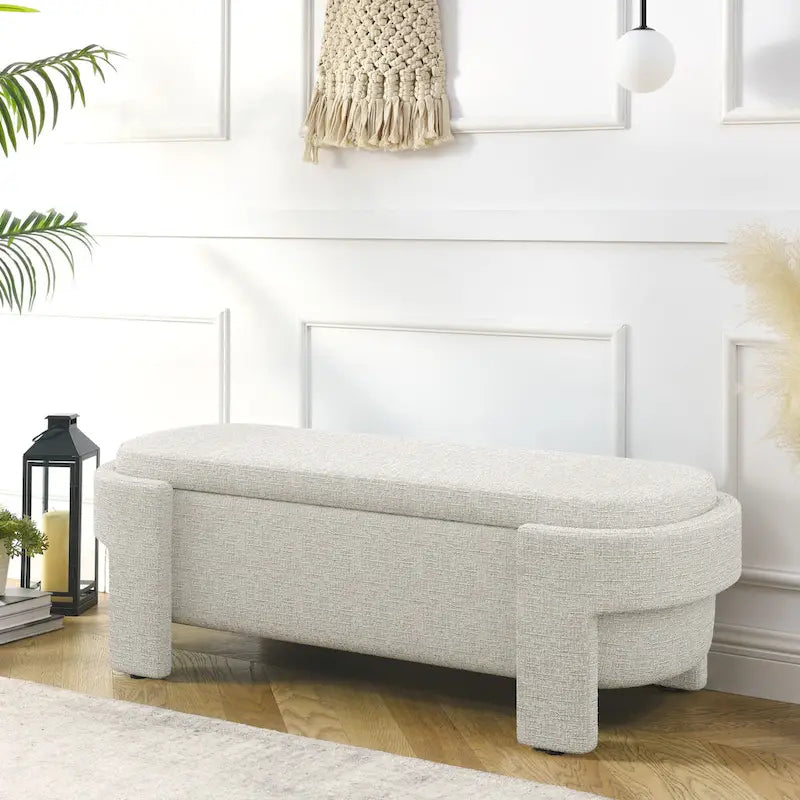 Banc de rangement capitonné en tissu de lin et coussin en mousse