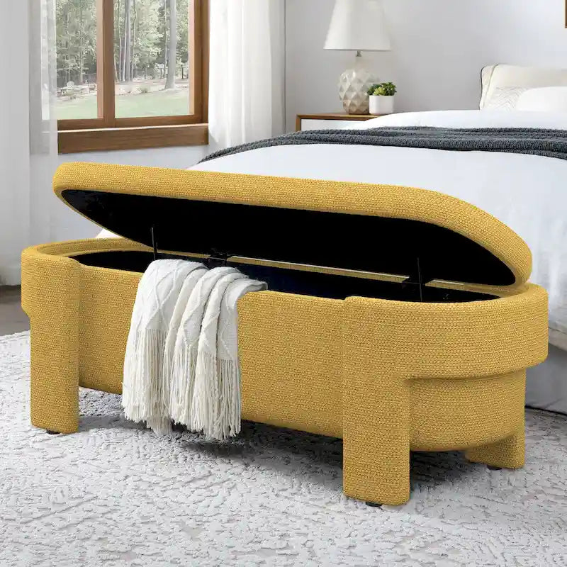 Banc de rangement capitonné en tissu de lin et coussin en mousse