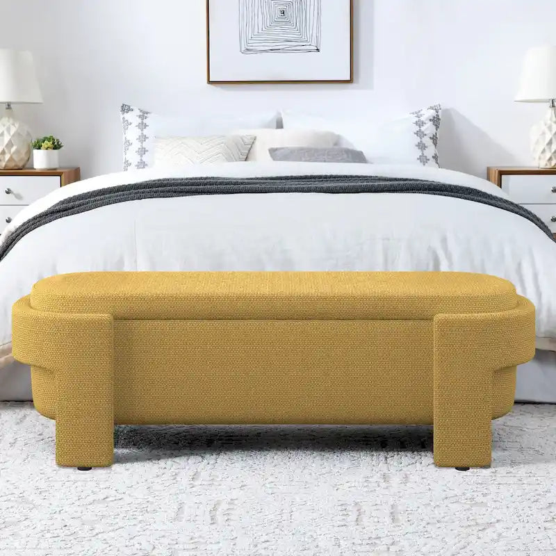 Banc de rangement capitonné en tissu de lin et coussin en mousse
