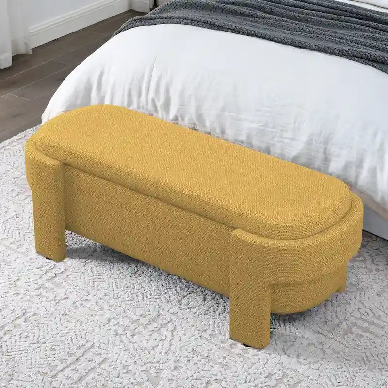 Banc de rangement capitonné en tissu de lin et coussin en mousse
