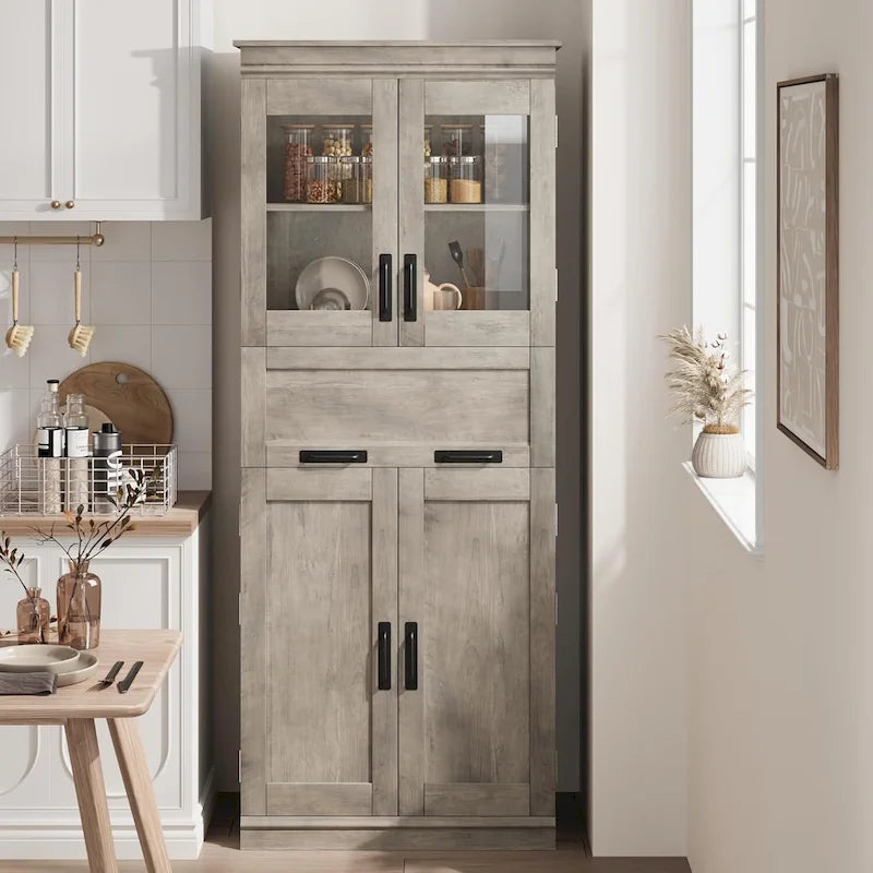 Armoire haute de rangement avec portes vitrées et tiroir