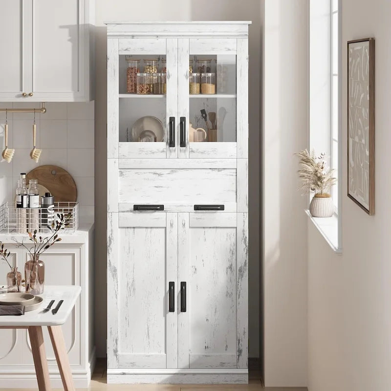 Armoire haute de rangement avec portes vitrées et tiroir