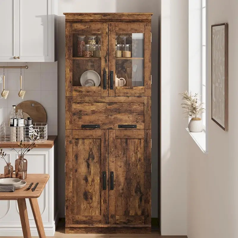 Armoire haute de rangement avec portes vitrées et tiroir