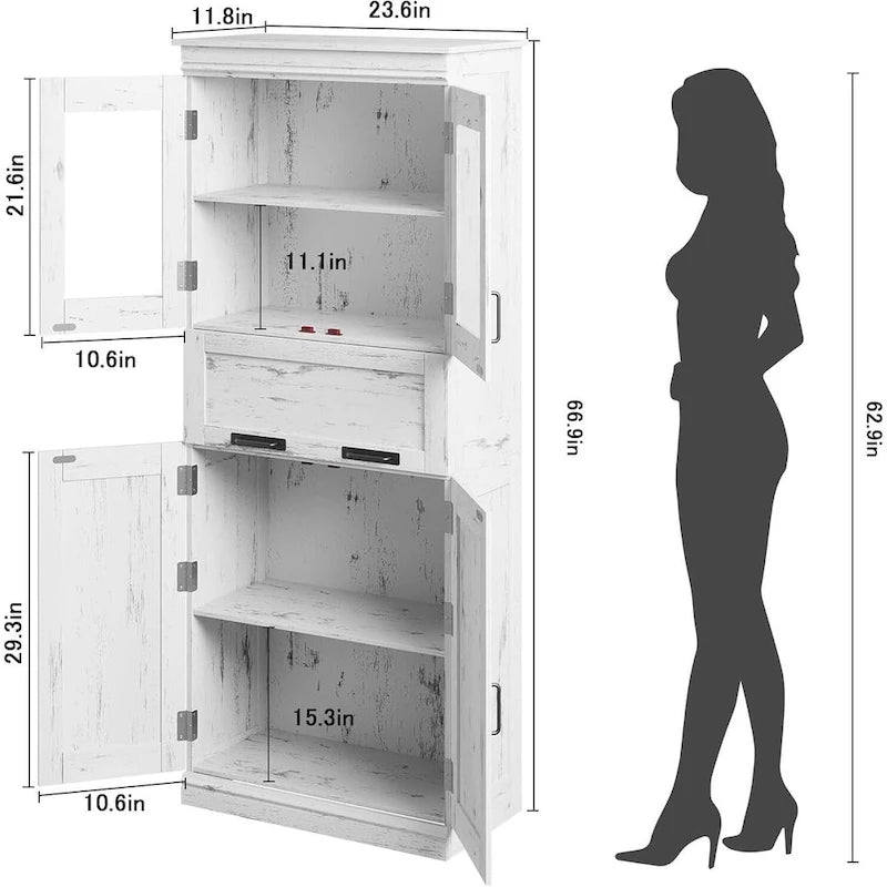 Armoire haute de rangement avec portes vitrées et tiroir