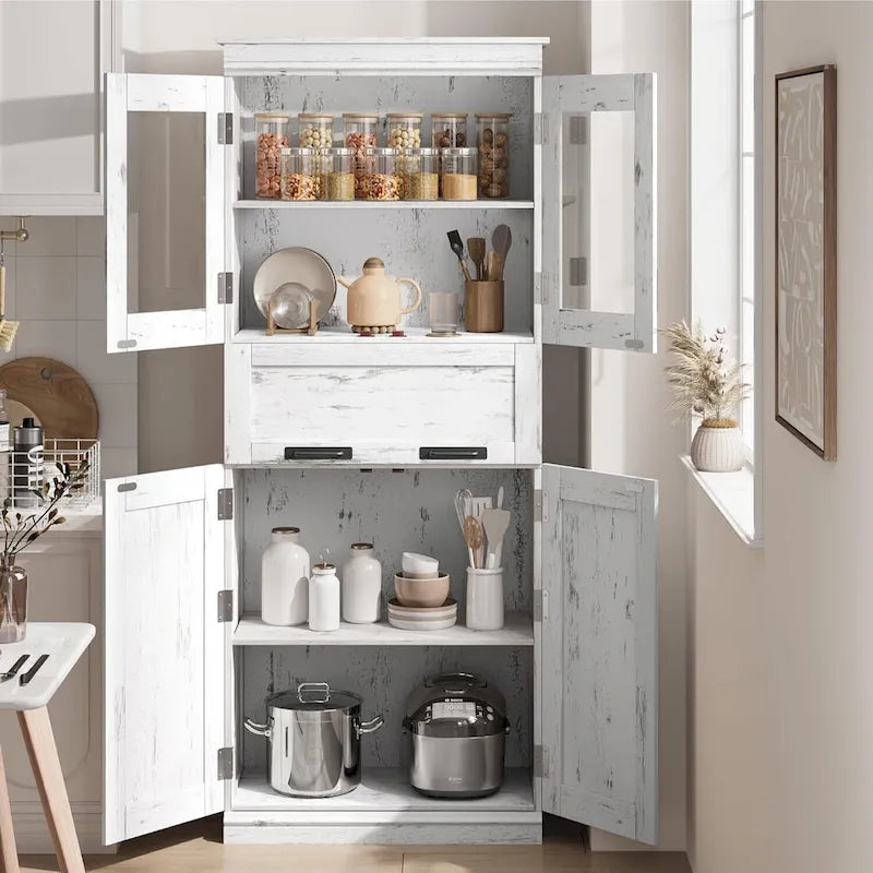 Armoire haute de rangement avec portes vitrées et tiroir