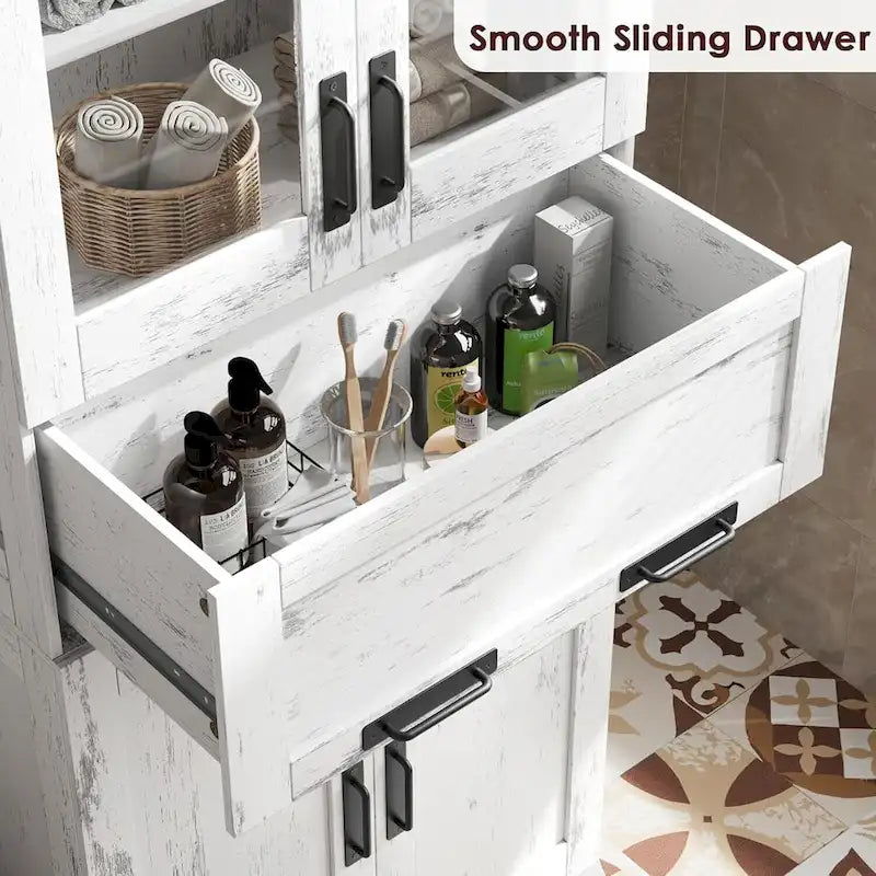 Armoire haute de rangement avec portes vitrées et tiroir