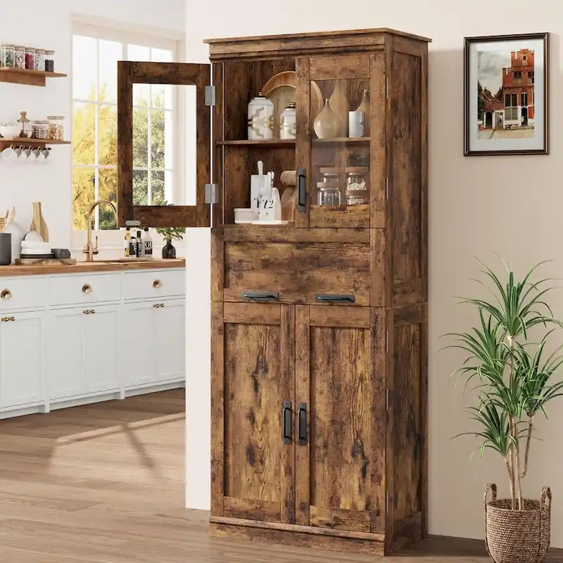 Armoire haute de rangement avec portes vitrées et tiroir