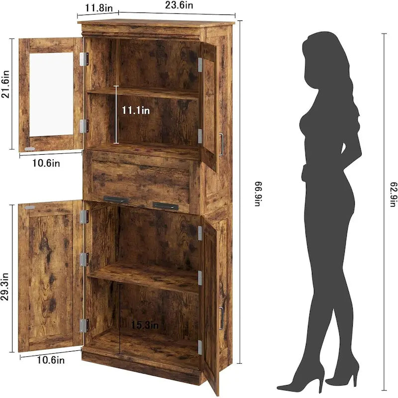 Armoire haute de rangement avec portes vitrées et tiroir