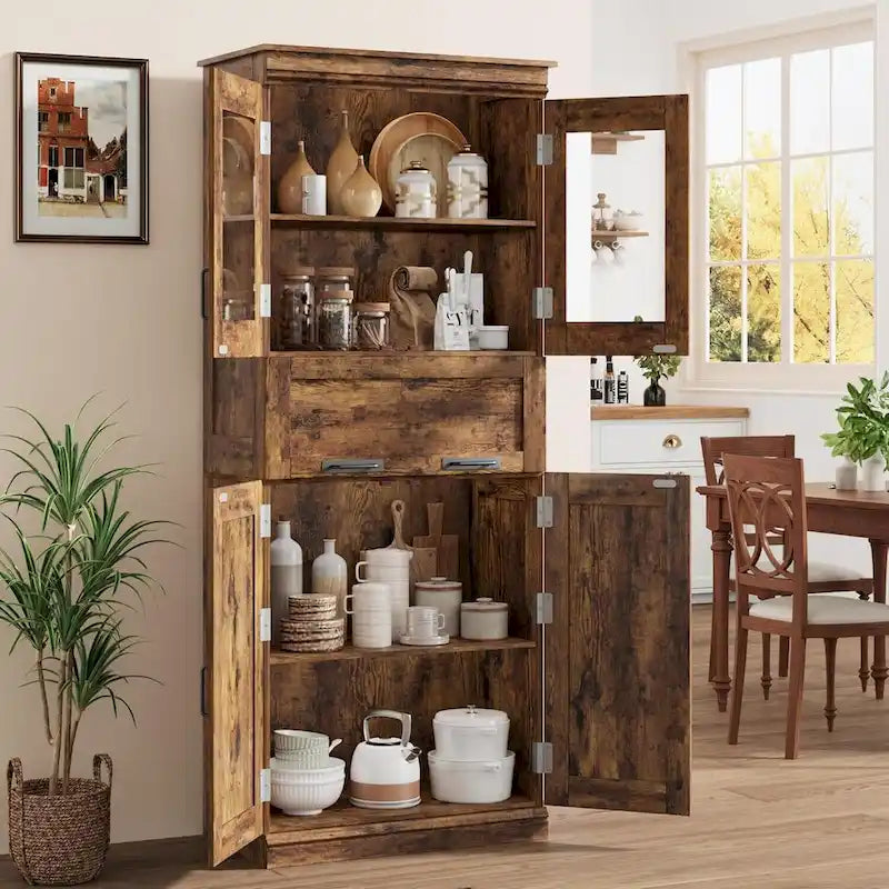 Armoire haute de rangement avec portes vitrées et tiroir