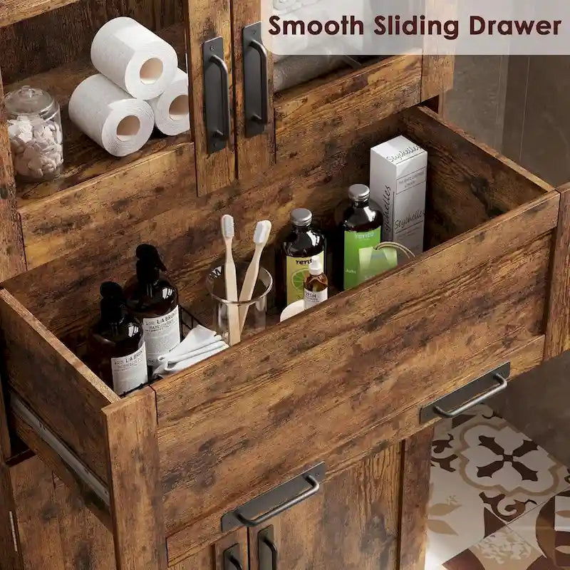 Armoire haute de rangement avec portes vitrées et tiroir