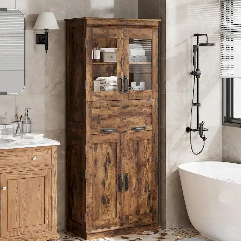 Armoire haute de rangement avec portes vitrées et tiroir