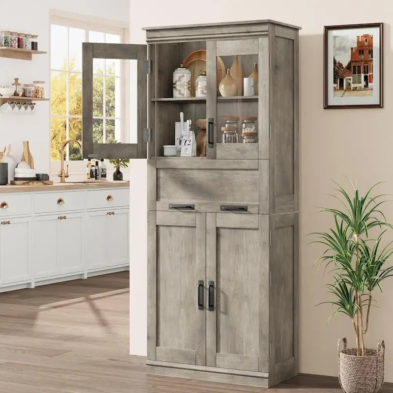 Armoire haute de rangement avec portes vitrées et tiroir