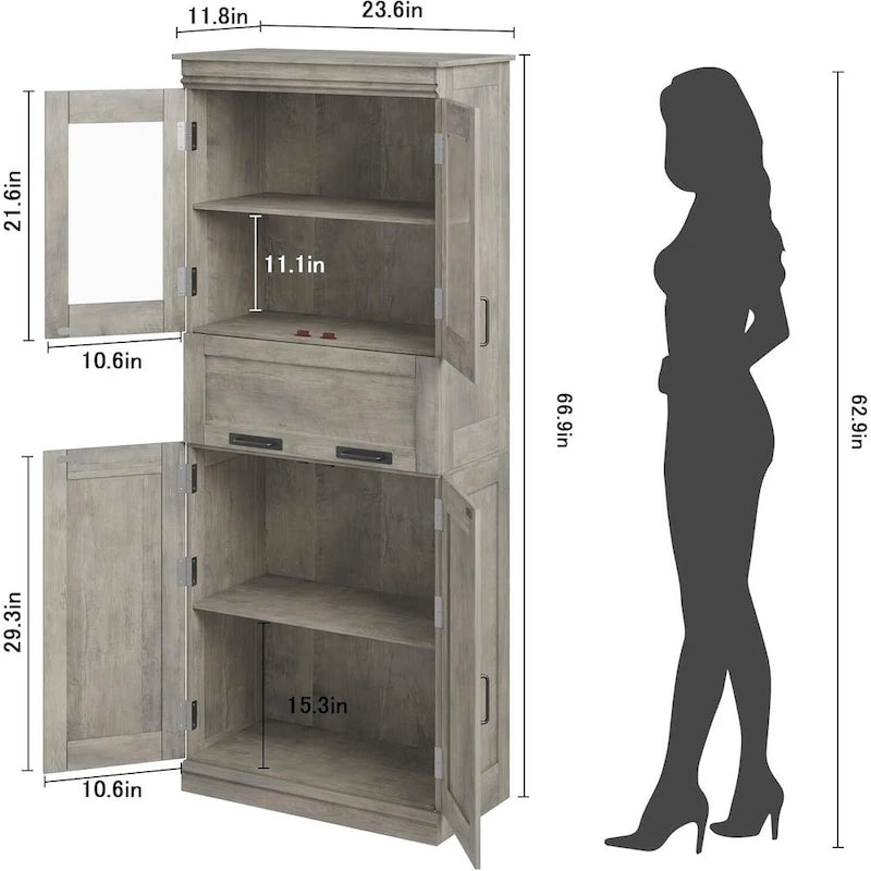 Armoire haute de rangement avec portes vitrées et tiroir