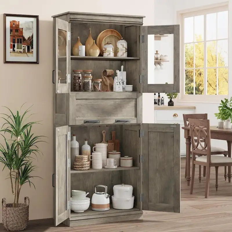 Armoire haute de rangement avec portes vitrées et tiroir
