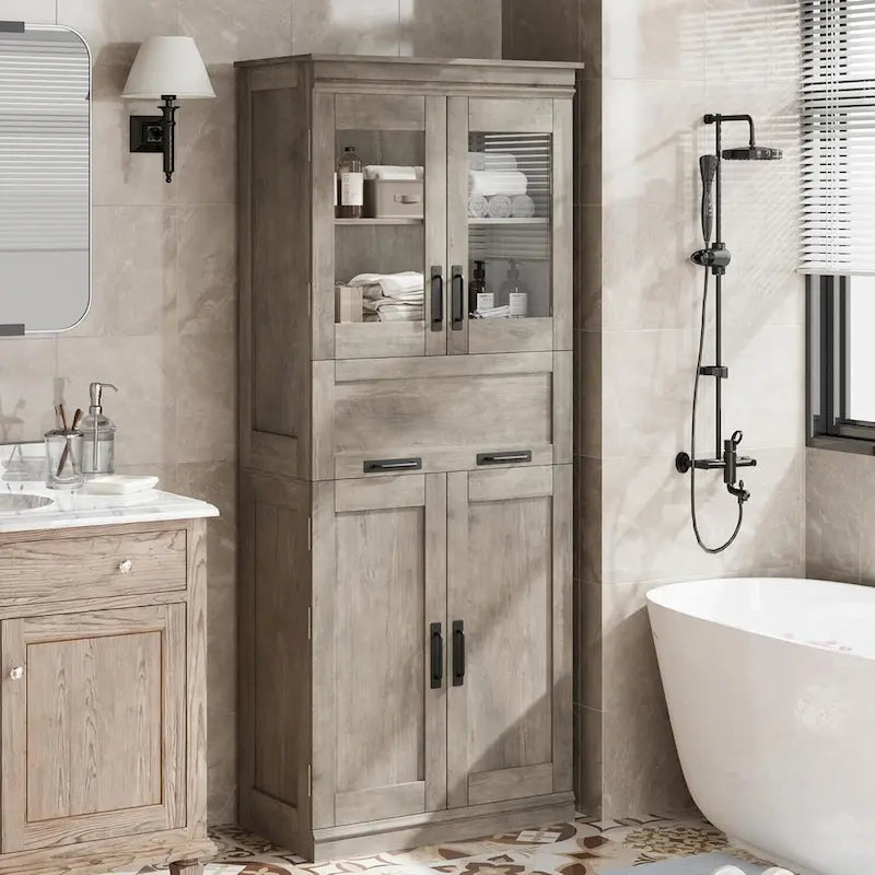 Armoire haute de rangement avec portes vitrées et tiroir
