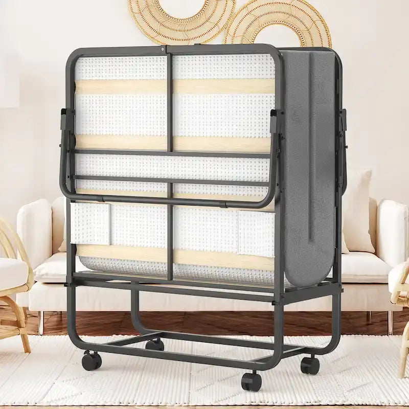 Lit pliant portable avec matelas en mousse à mémoire de forme et roulettes