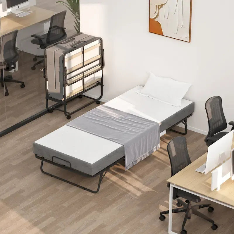 Lit pliant portable avec matelas en mousse à mémoire de forme et roulettes