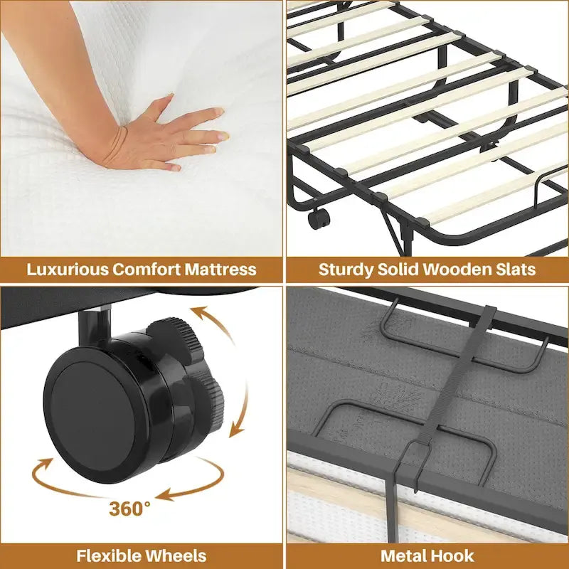 Lit pliant portable avec matelas en mousse à mémoire de forme et roulettes