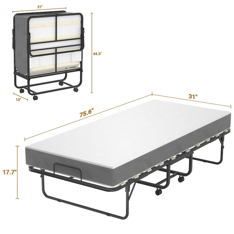 Lit pliant portable avec matelas en mousse à mémoire de forme et roulettes