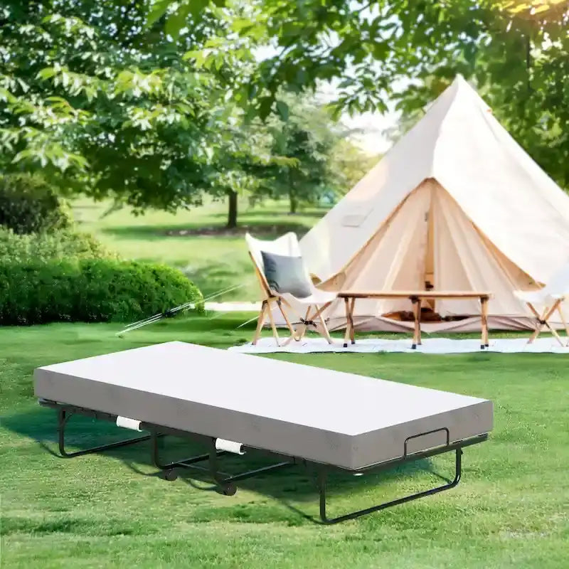 Lit pliant portable avec matelas en mousse à mémoire de forme et roulettes
