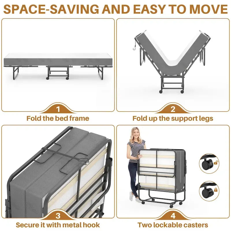 Lit pliant portable avec matelas en mousse à mémoire de forme et roulettes