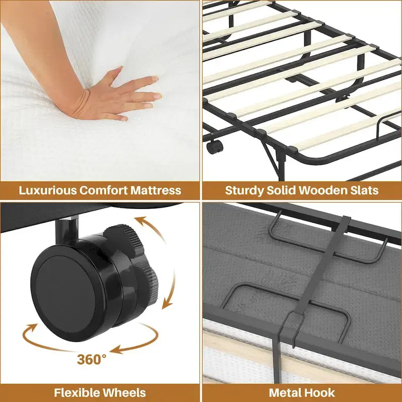 Lit pliant portable avec matelas en mousse à mémoire de forme et roulettes