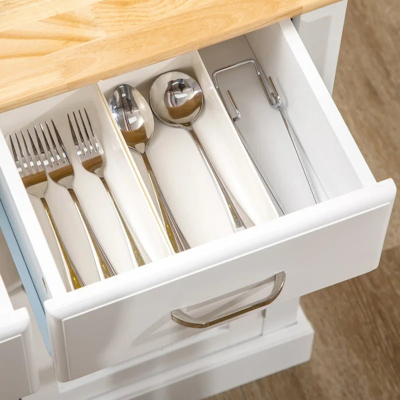 Îlot de cuisine avec armoire de rangement et plan de travail en bois d'hévéa à 2 niveaux