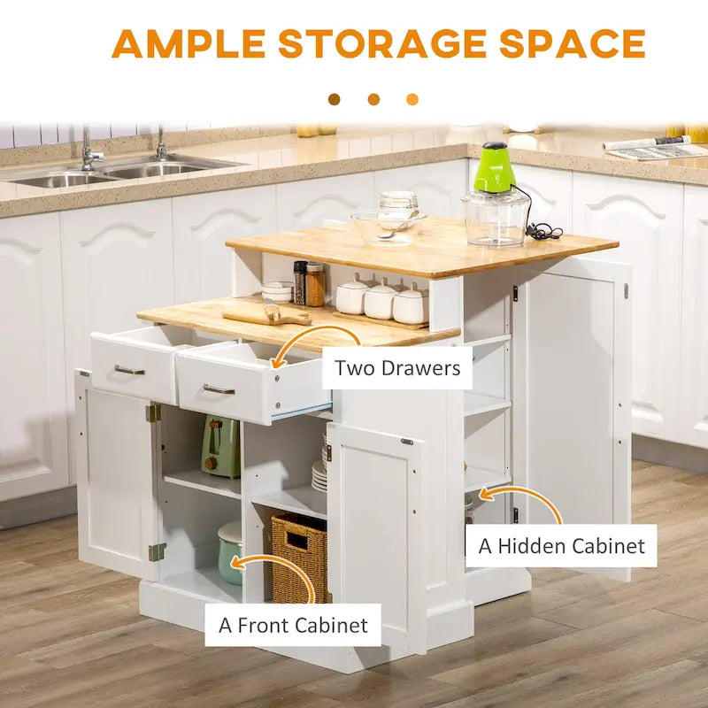 Îlot de cuisine avec armoire de rangement et plan de travail en bois d'hévéa à 2 niveaux
