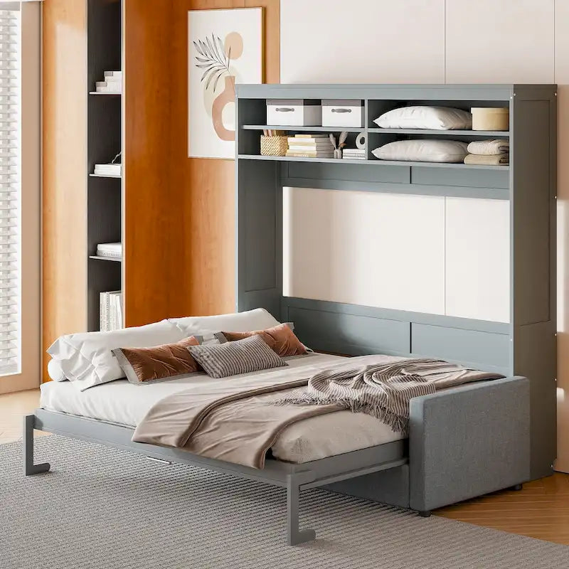 Lit escamotable Queen Size avec canapé - Design convertible 2-en-1 compact avec rangement intégré et mécanisme à double piston