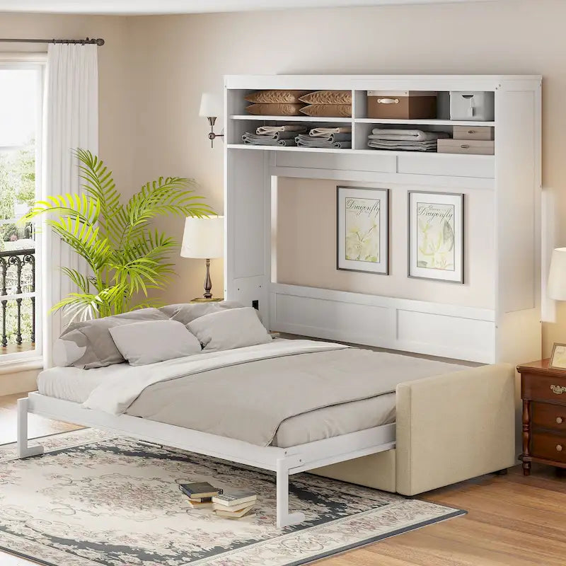 Lit escamotable Queen Size avec canapé - Design convertible 2-en-1 compact avec rangement intégré et mécanisme à double piston