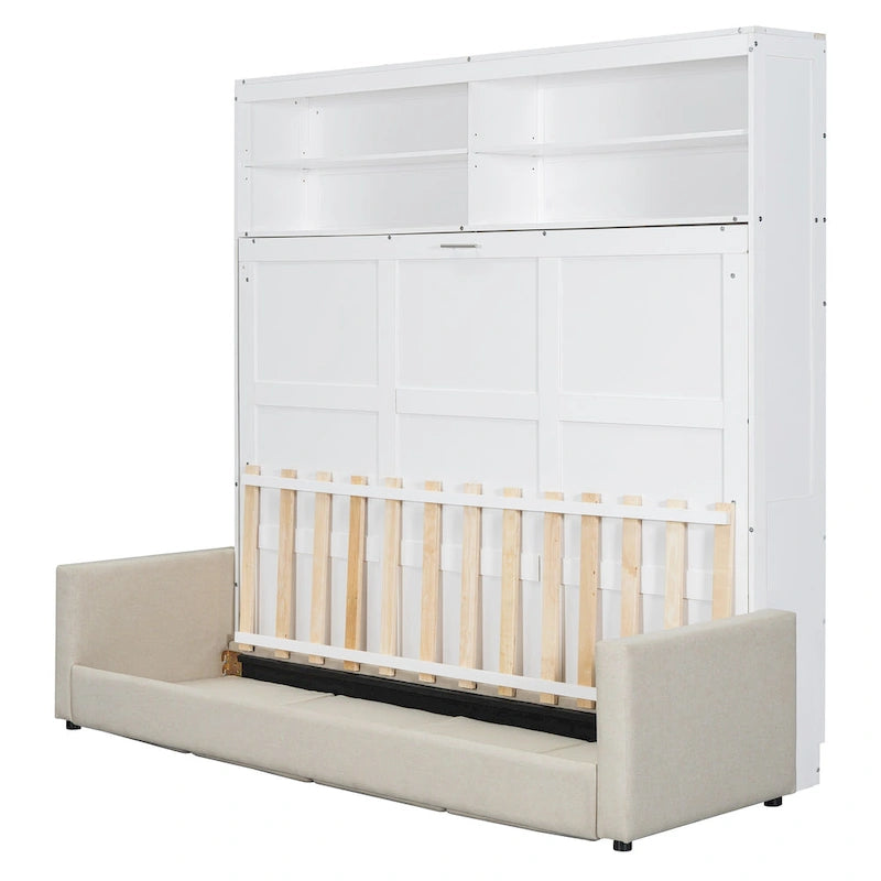 Lit escamotable Queen Size avec canapé - Design convertible 2-en-1 compact avec rangement intégré et mécanisme à double piston