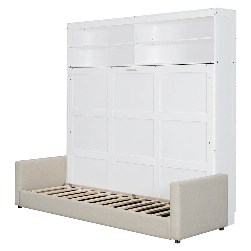 Lit escamotable Queen Size avec canapé - Design convertible 2-en-1 compact avec rangement intégré et mécanisme à double piston