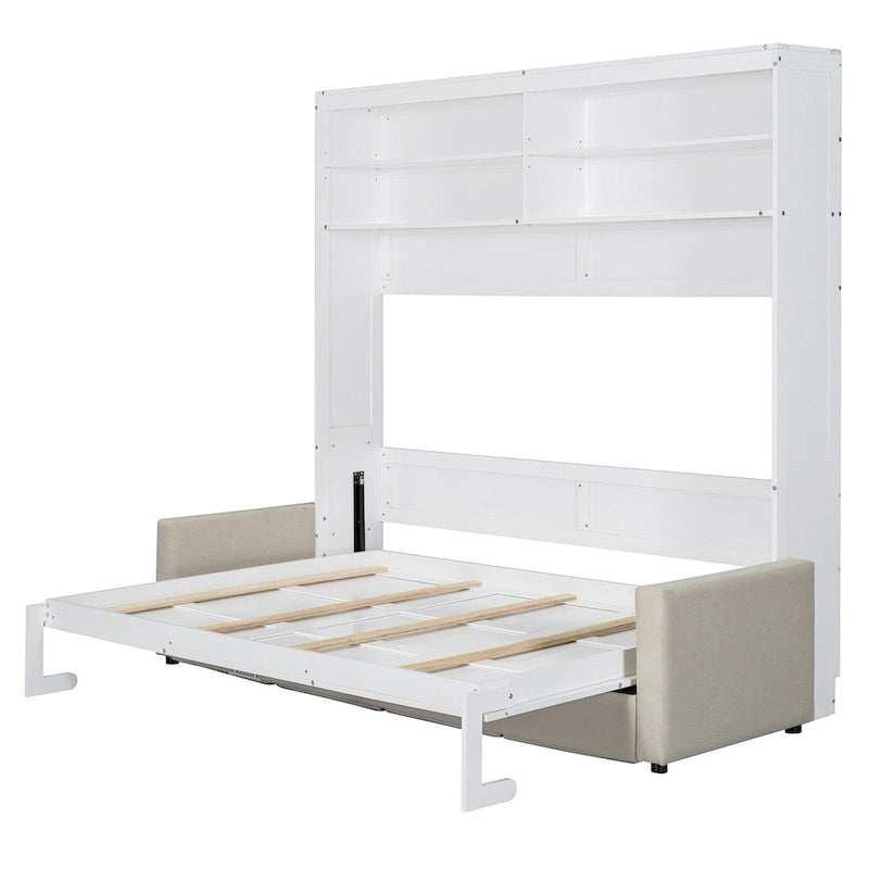 Lit escamotable Queen Size avec canapé - Design convertible 2-en-1 compact avec rangement intégré et mécanisme à double piston