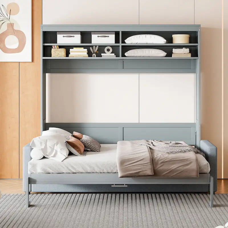 Lit escamotable Queen Size avec canapé - Design convertible 2-en-1 compact avec rangement intégré et mécanisme à double piston