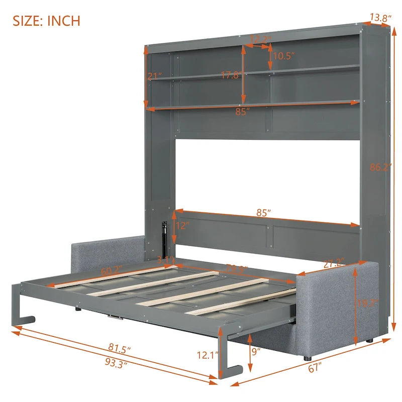 Lit escamotable Queen Size avec canapé - Design convertible 2-en-1 compact avec rangement intégré et mécanisme à double piston