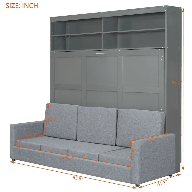 Lit escamotable Queen Size avec canapé - Design convertible 2-en-1 compact avec rangement intégré et mécanisme à double piston