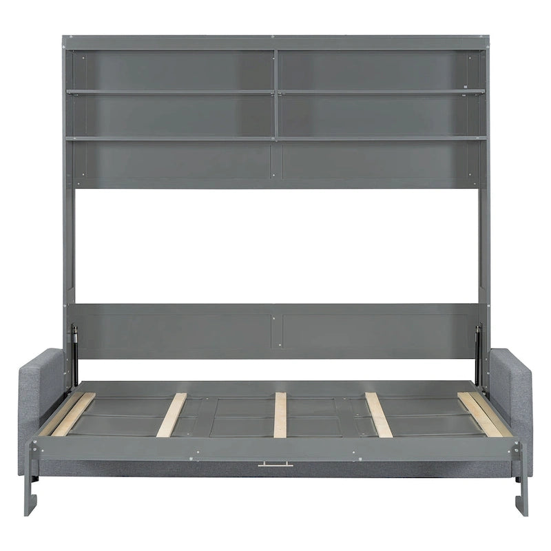Lit escamotable Queen Size avec canapé - Design convertible 2-en-1 compact avec rangement intégré et mécanisme à double piston