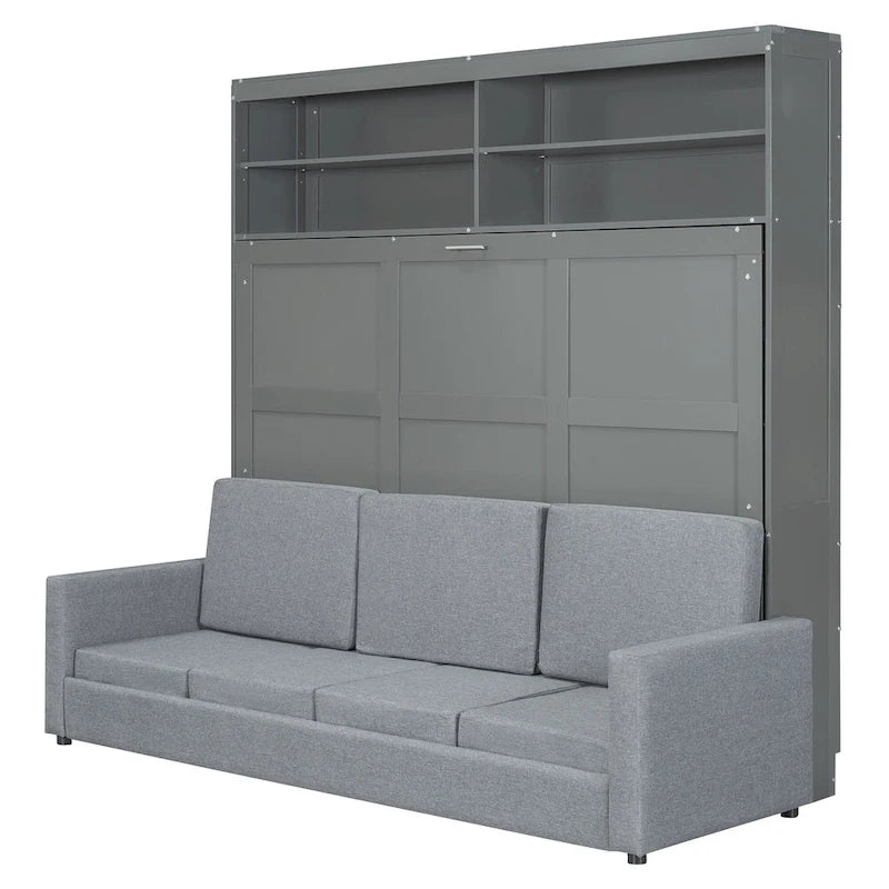 Lit escamotable Queen Size avec canapé - Design convertible 2-en-1 compact avec rangement intégré et mécanisme à double piston