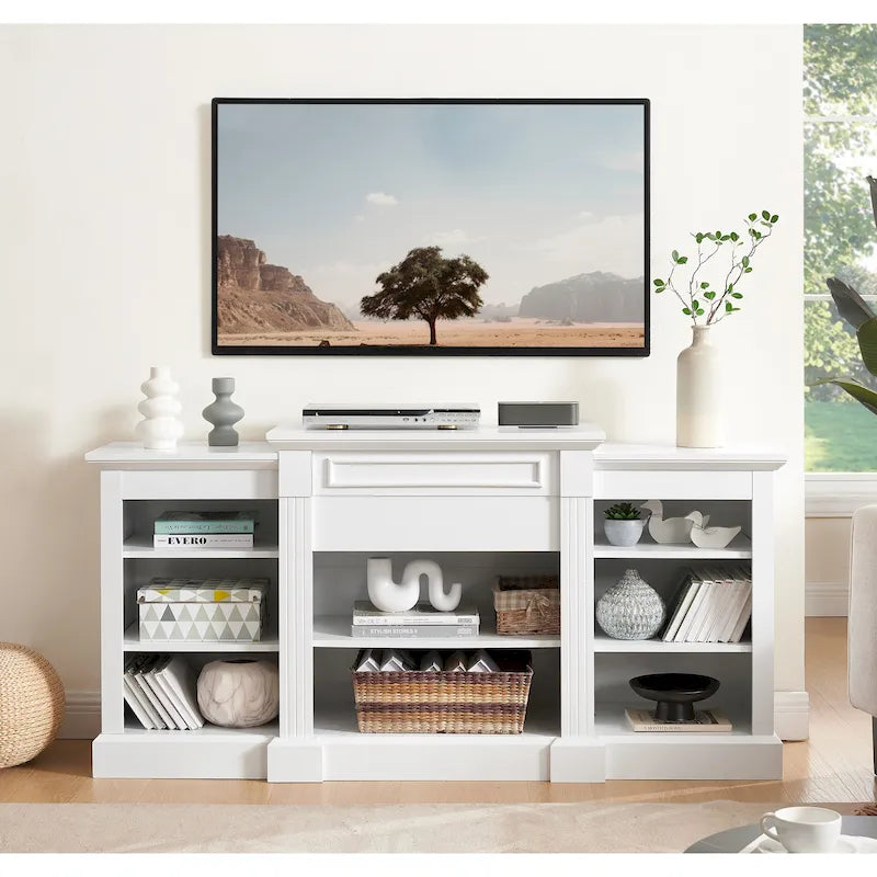 Meuble TV blanc avec armoire et étagères réglables pour téléviseurs jusqu'à 65 pouces