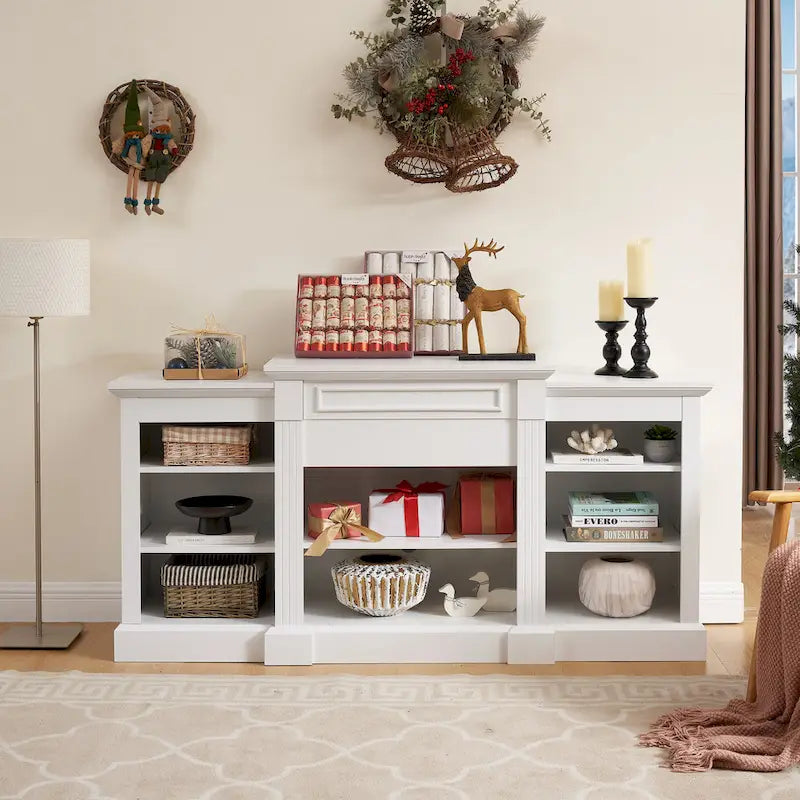 Meuble TV blanc avec armoire et étagères réglables pour téléviseurs jusqu'à 65 pouces